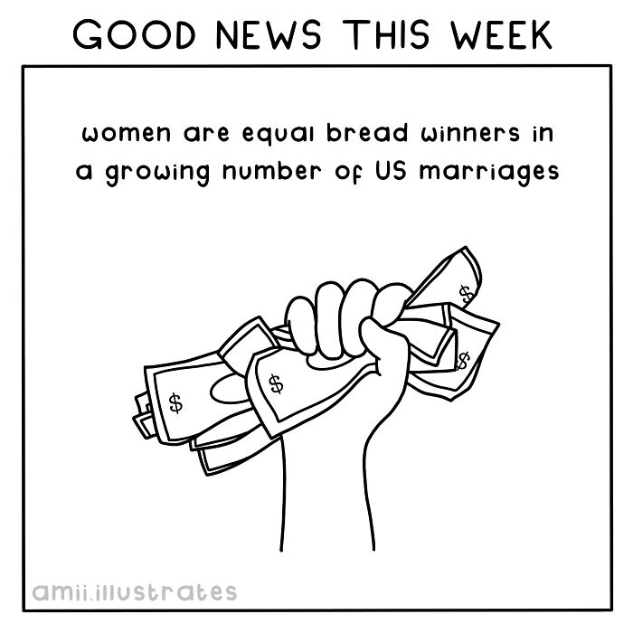 Illustration shows a hand holding money, highlighting good news about women as equal breadwinners in US marriages.