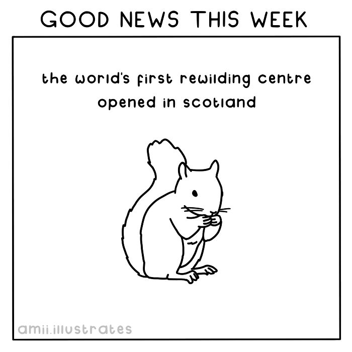 Illustration of a squirrel celebrating the opening of the world's first rewilding centre in Scotland, depicting good news.