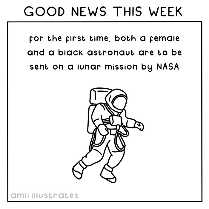 Illustration of an astronaut with the text about a historic NASA lunar mission featuring diverse crew members.
