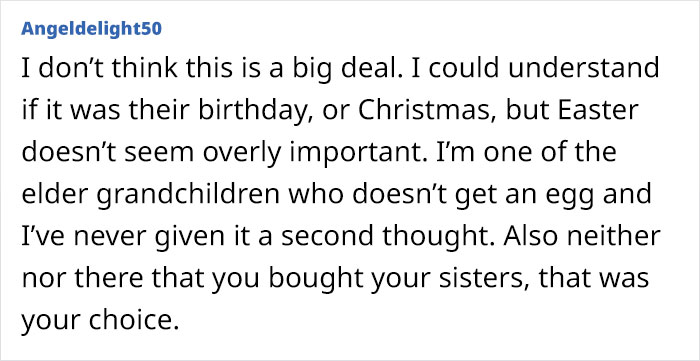 Woman Is Upset Her Mom Only Bought An Easter Egg For One Of Her Grandchildren, The Internet's Opinion Is Divided Woman Is Upset Her Mom Only Bought An Easter Egg For One Of Her Grandchildren, The Internet's Opinion Is Divided