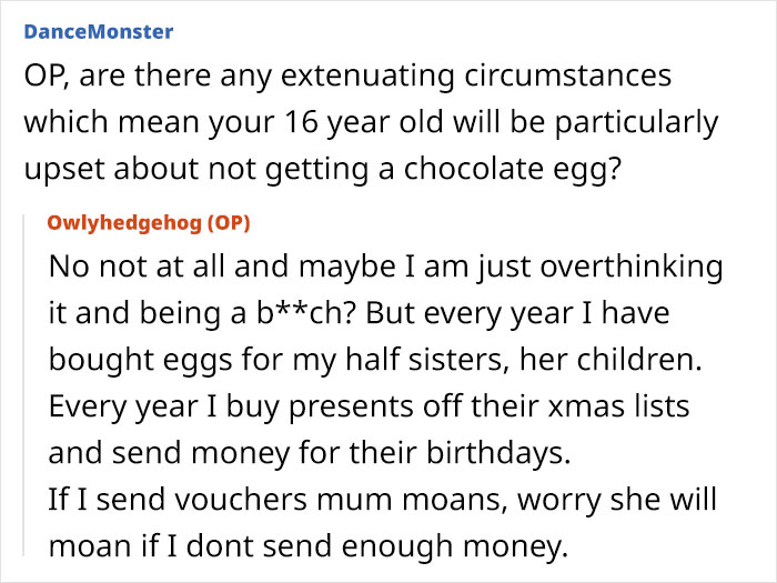 Woman Is Upset Her Mom Only Bought An Easter Egg For One Of Her Grandchildren, The Internet's Opinion Is Divided Woman Is Upset Her Mom Only Bought An Easter Egg For One Of Her Grandchildren, The Internet's Opinion Is Divided