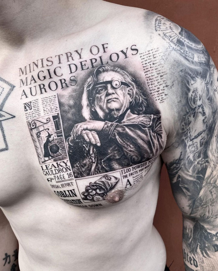 Chest tattoo featuring Ministry of Magic theme from Harry Potter, with detailed design of newspapers and a character portrait.
