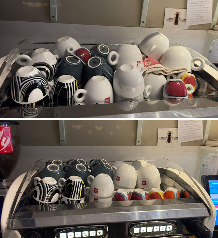 The Way My Coworkers Stack The Cups. Before And After I Came In: Took Me Less Than 5 Minutes
