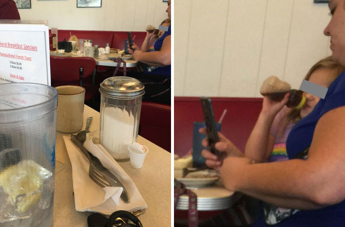 A Mother Letting Her Child Drink Syrup Directly From A Communal Syrup Bottle While Watching Street Outlaws On Her Phone