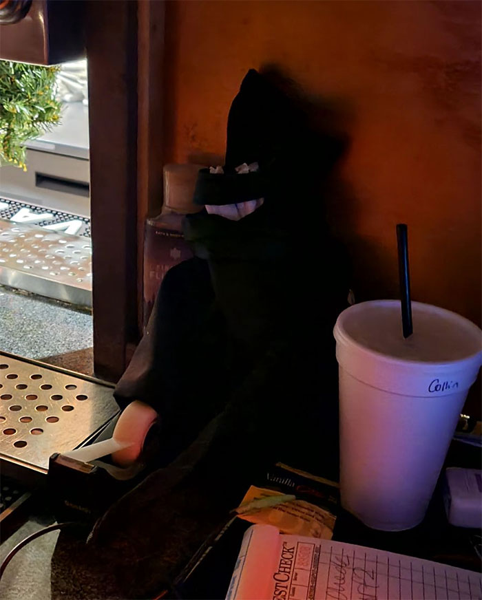 One Of My Coworkers Asked Why There Was Something Smiling At Her In The Dark. It's An Apron With Straws Poking Out