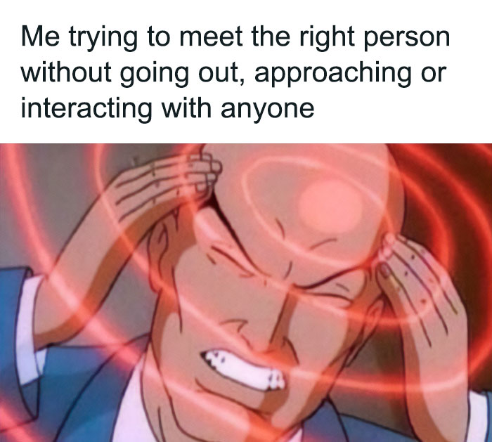 Introverts meme about meeting someone without social interaction, featuring a character using telepathy.