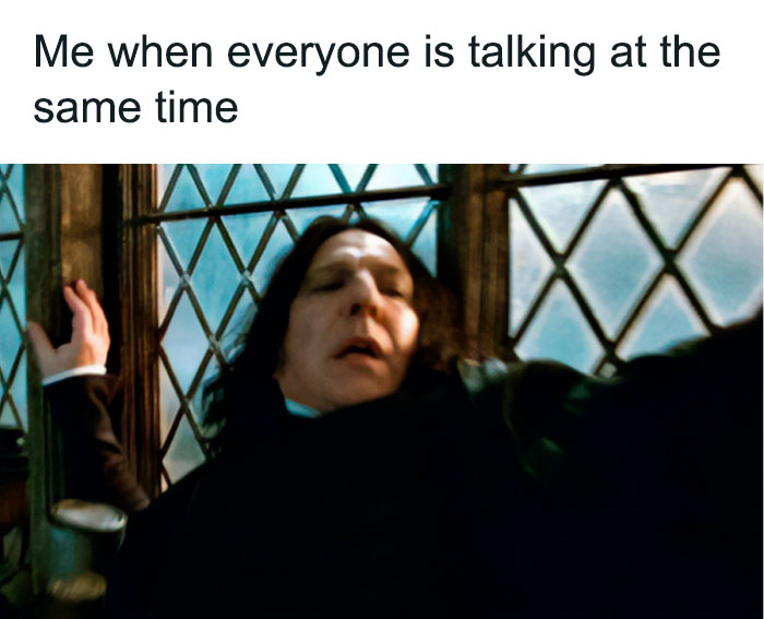 Meme about introvert struggles shows a person recoiling with the caption "Me when everyone is talking at the same time."