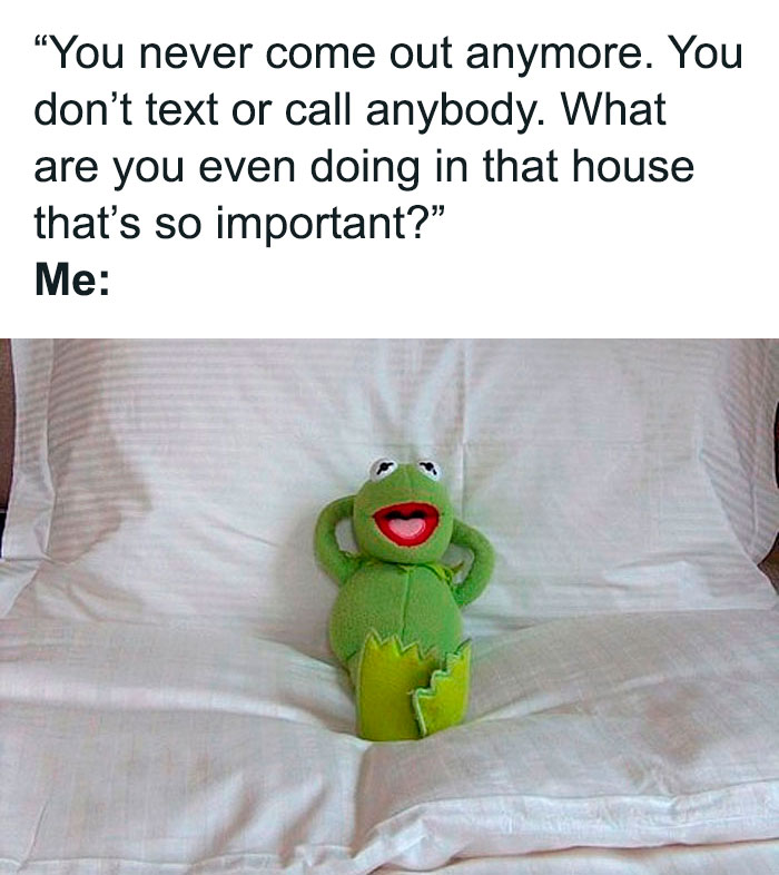 Kermit the Frog lying on a bed, humorously depicting introverts' struggles with social interaction.
