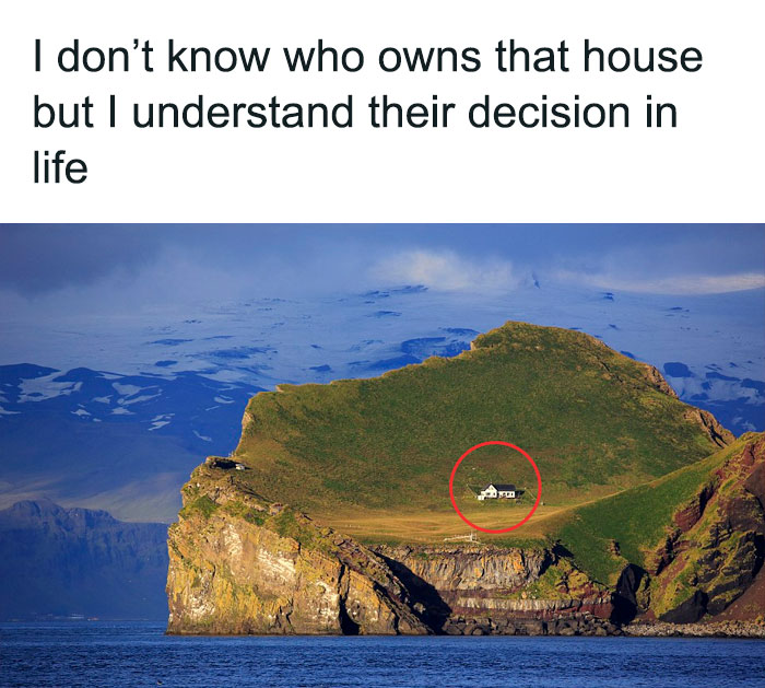 Isolated house on a grassy hill, circled in red, illustrating introvert struggles with humorous text above.