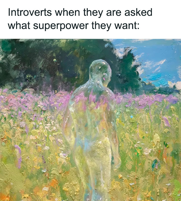 Painting of an invisible figure in a field of flowers, depicting introverts' humor about their social struggles.