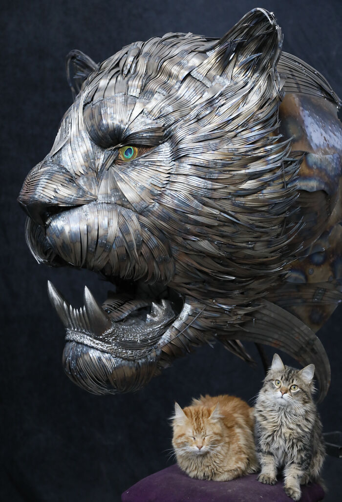 I Made Jaguar, Saber-Tooth Tiger And Lion Sculpture With Hammered Steel (11 Pics)