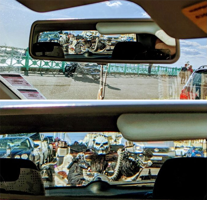 Person seeing a man with a weird costume on car's mirror 