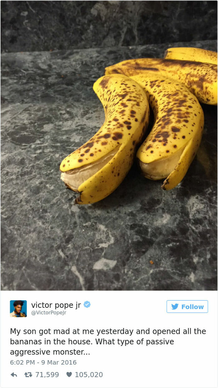 Peeled and speckled bananas on a marble counter, illustrating a humorous act of karma and epic revenge.