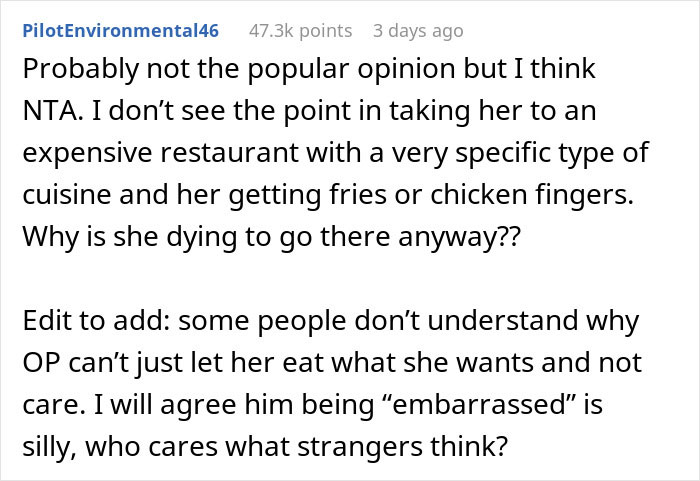 "Am I A Jerk For Refusing To Take My Girlfriend To Nice Places Because She Eats Like A Kid?" "Am I A Jerk For Refusing To Take My Girlfriend To Nice Places Because She Eats Like A Kid?"