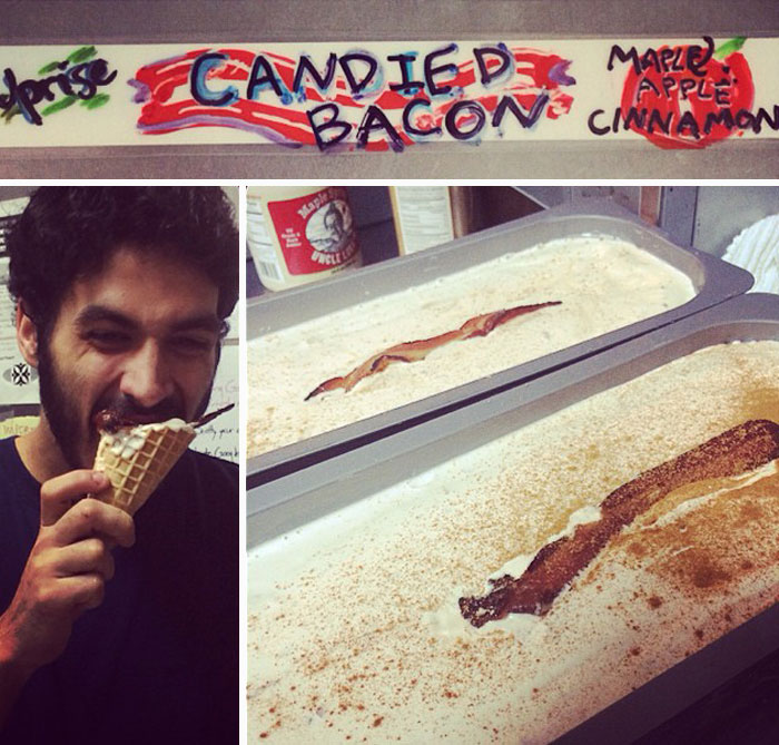 Man eating bacon flowered ice cream 