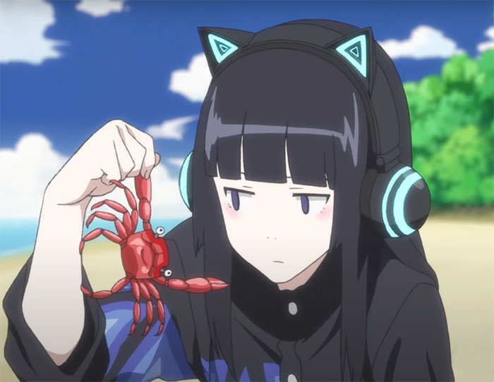 Dark hair girl holding crab in FLCL