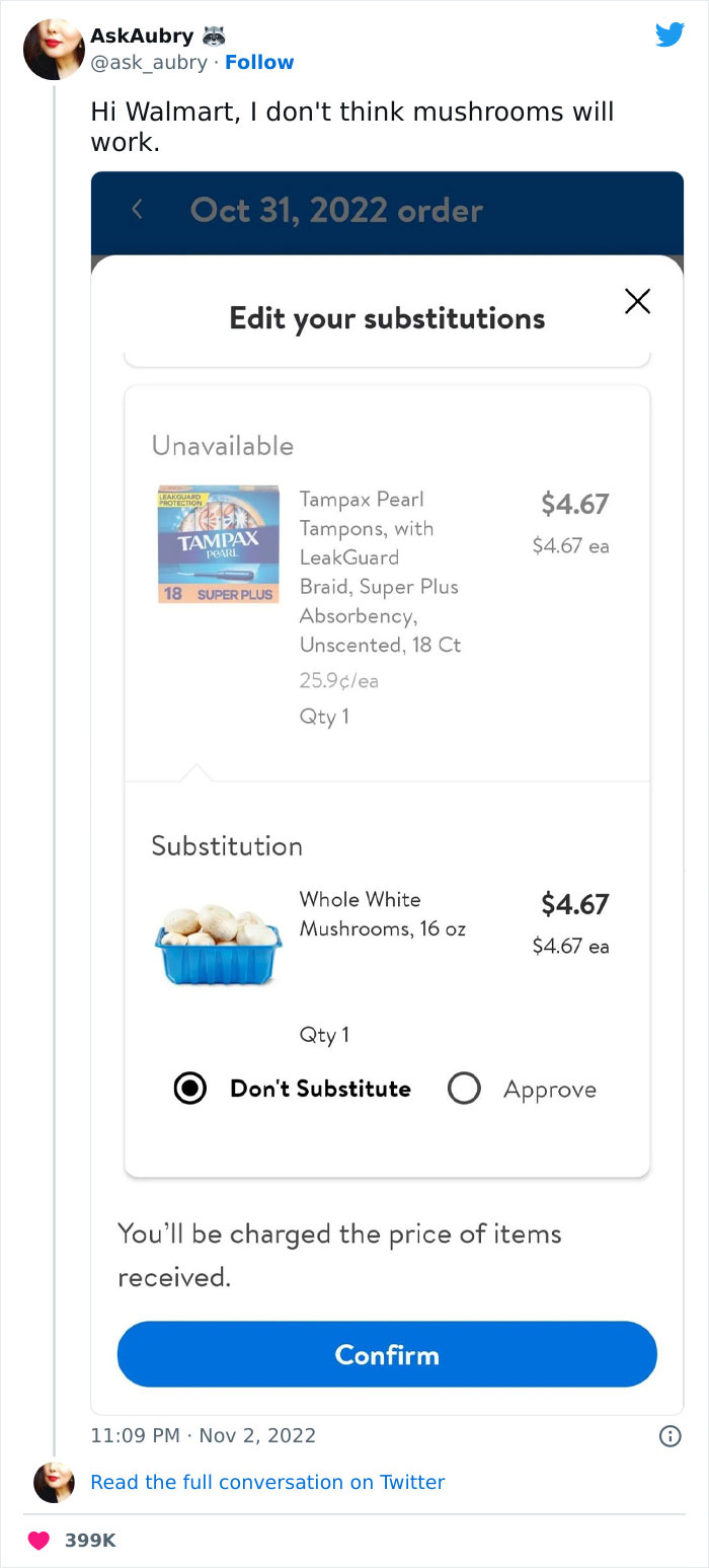 Humorous substitution error showing white mushrooms instead of tampons in an online order.