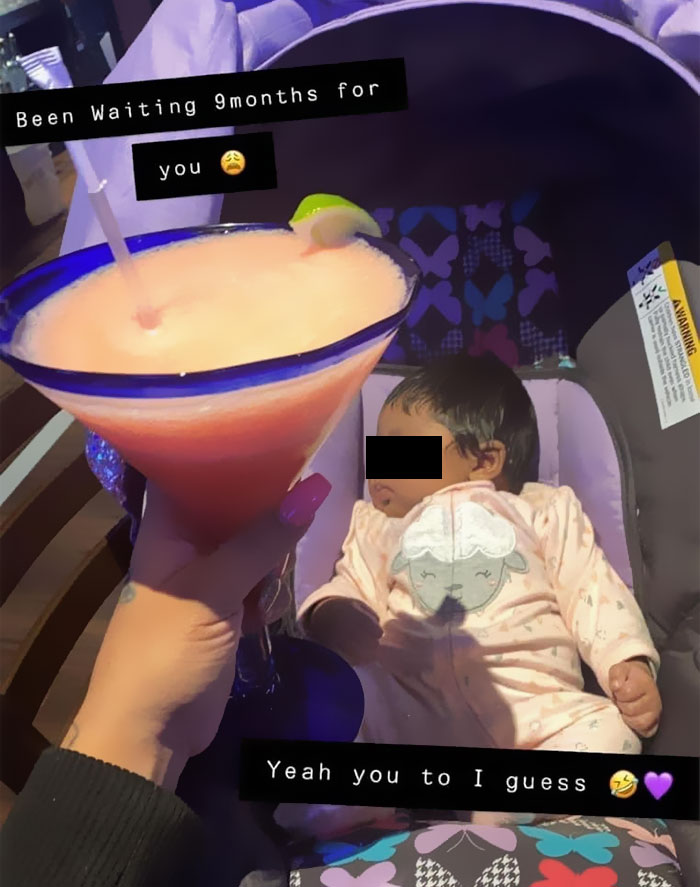 Woman holding a cocktail next to a baby in a car seat with humorous text about waiting nine months.