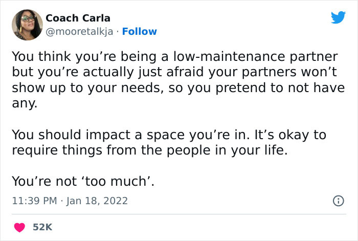 Humorous post by Coach Carla about female problems and relationship dynamics, emphasizing self-worth and expressing needs.