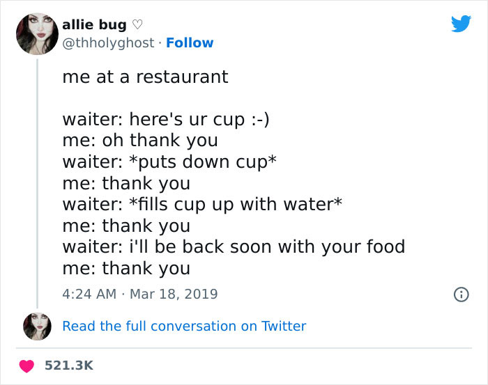 Humorous post highlighting a restaurant interaction, resonating with women, featuring repeated "thank you" exchanges.