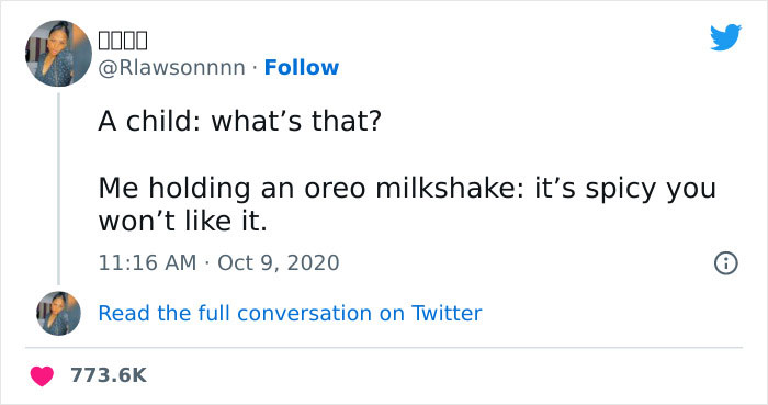 Humorous tweet about holding an Oreo milkshake and telling a child it's spicy.