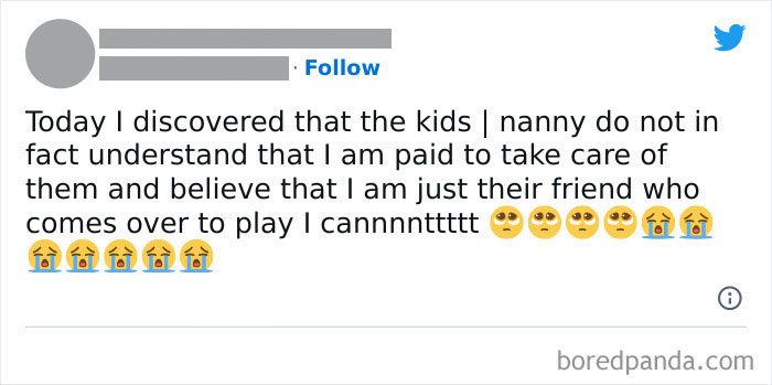 Humorous post about female problems, nanny realizing the kids think she's just a friend, with crying and eye-roll emojis.