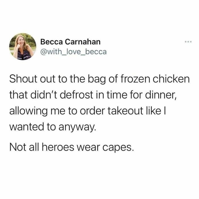 Humorous post about dinner plans with frozen chicken not defrosting, leading to takeout. A relatable female problem meme.
