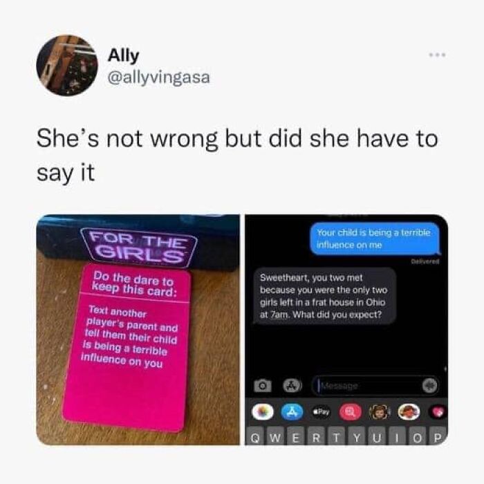 Humorous meme about female problems, showing a dare card and a funny conversation about influence.