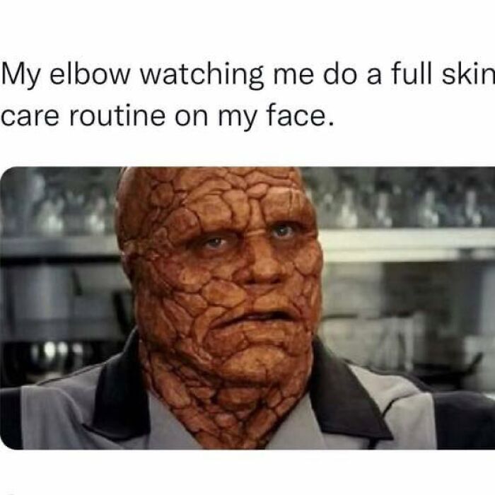 Funny meme of stone-faced character related to skincare routine humor for women.