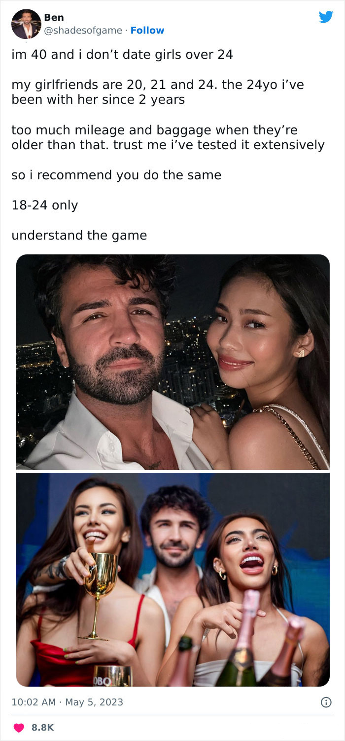 “Too Much Mileage And Baggage When They’re Older”: 40-Year-Old’s Viral Tweet Urging People To Date Women Under 24 Backfires “Too Much Mileage And Baggage When They’re Older”: 40-Year-Old’s Viral Tweet Urging People To Date Women Under 24 Backfires