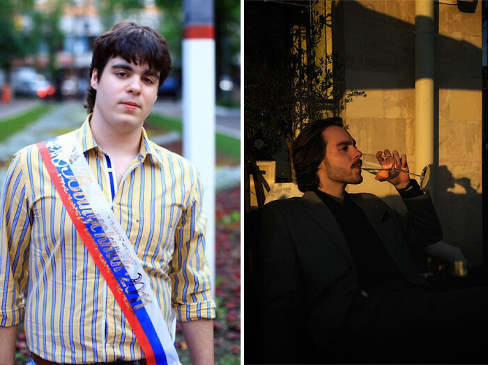 Before and after ugly duckling transformation of a young man showing striking change in appearance and confidence.