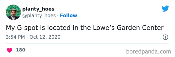 Tweet humorously stating plant lover's favorite spot is Lowe's Garden Center.