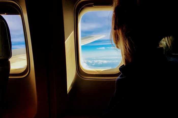 Flight attendant looking out airplane window at wing and blue sky during flight inside cabin.