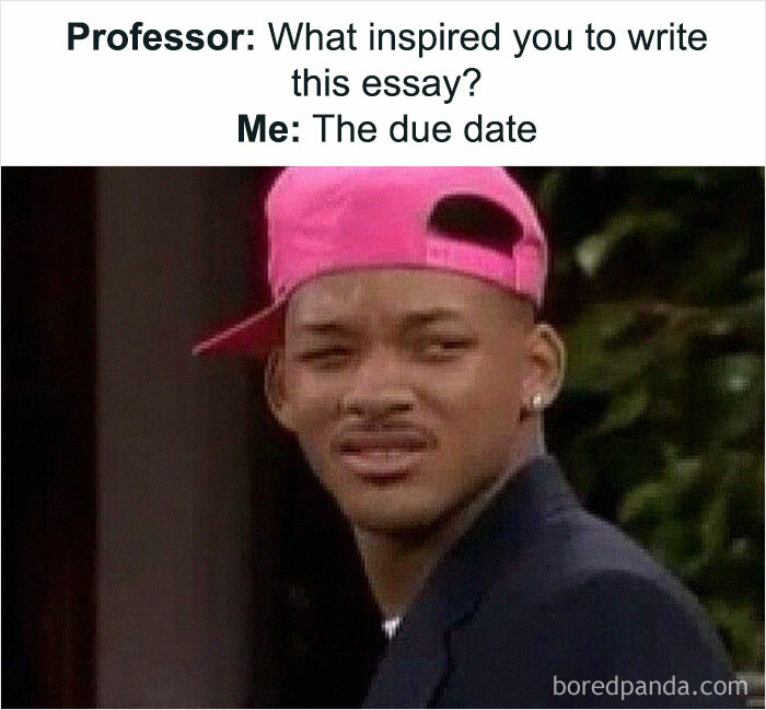 Student meme featuring a confused expression and humorous text about essay inspiration being the due date.