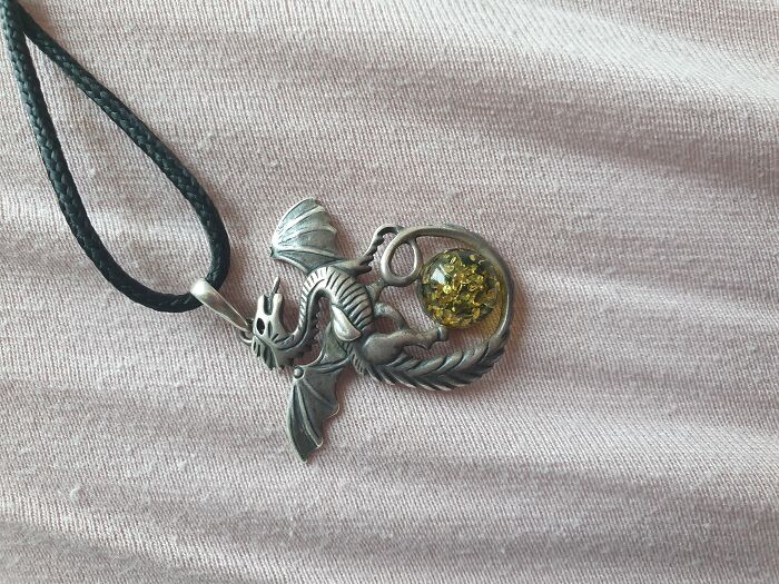 Handmade Necklace From A Medieval Marketing With An Green Amber