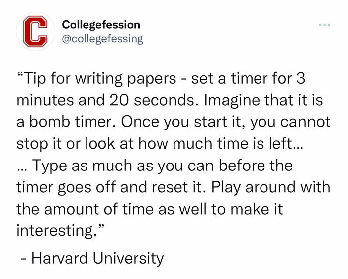 Screenshot of an anonymous student confession from the Instagram page sharing writing tips from Harvard University.