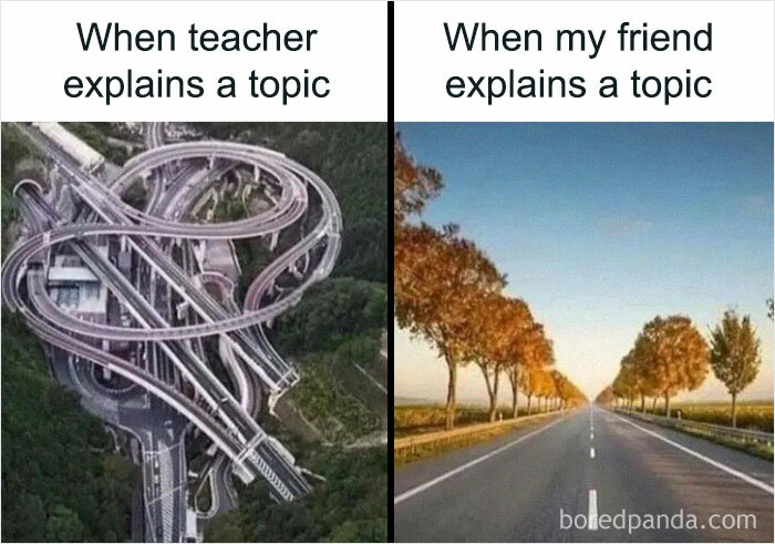 Student memes contrasting complex highway with simple road to depict teacher vs. friend explaining a topic.