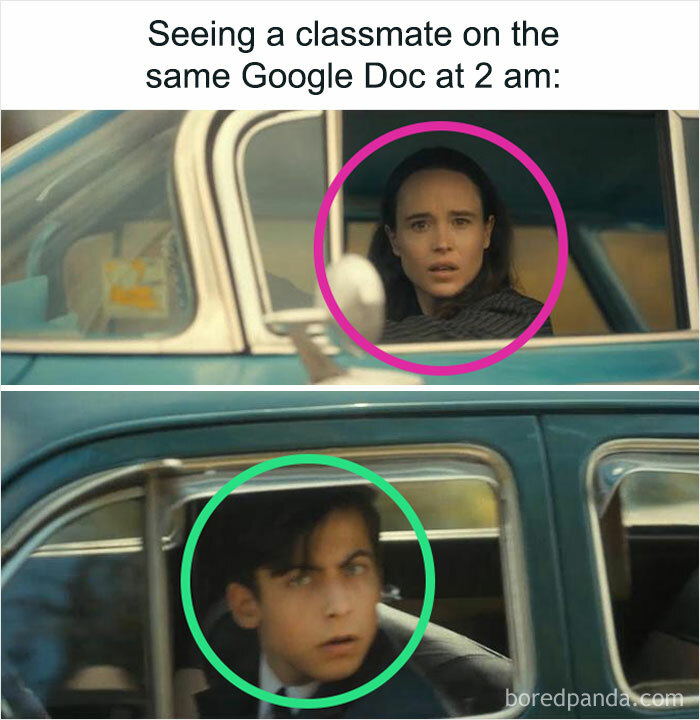 Two students in a car looking surprised, humorously depicting late-night Google Doc collaboration.