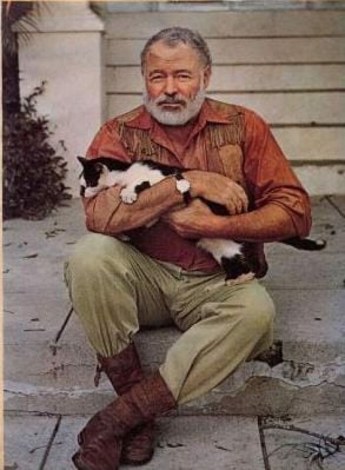 Ernest Hemingway en las escaleras de su finca cubana Finca Vigía, acariciando a uno de sus queridos gatos polidáctilos; San Francisco de Paula, circa 1954