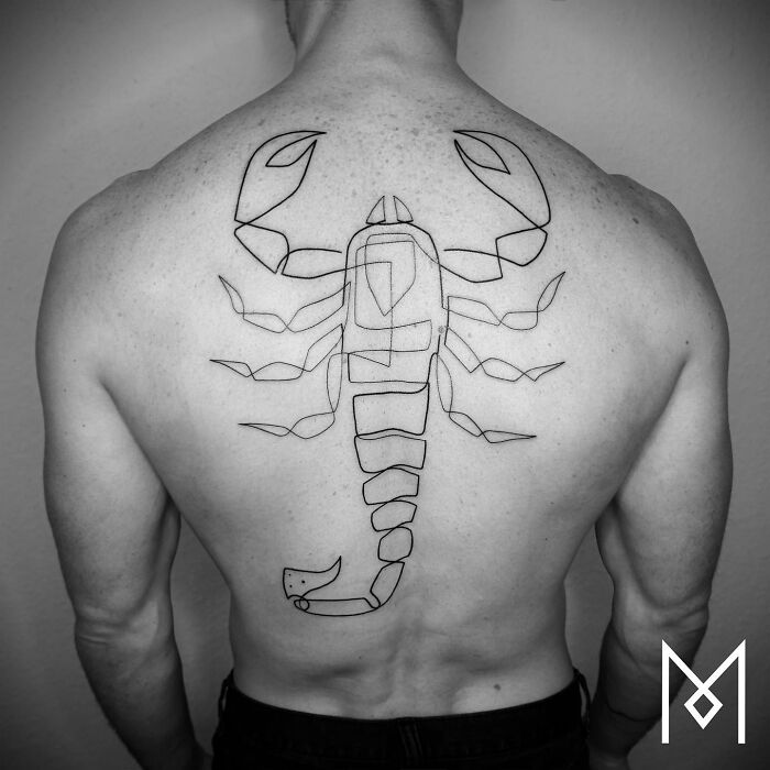 Single line tattoo of a scorpion on a person's back.