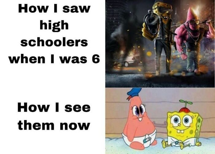 Humor State University meme comparing high schoolers as tough figures versus cartoon characters.