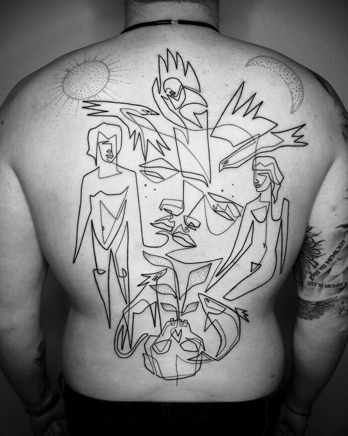 Single line tattoo art covering a person's back, featuring abstract figures and shapes.