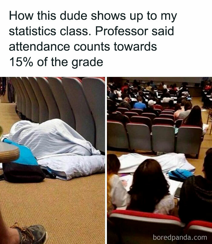 University student meme showing a student sleeping on the floor in a lecture hall to make attendance count.