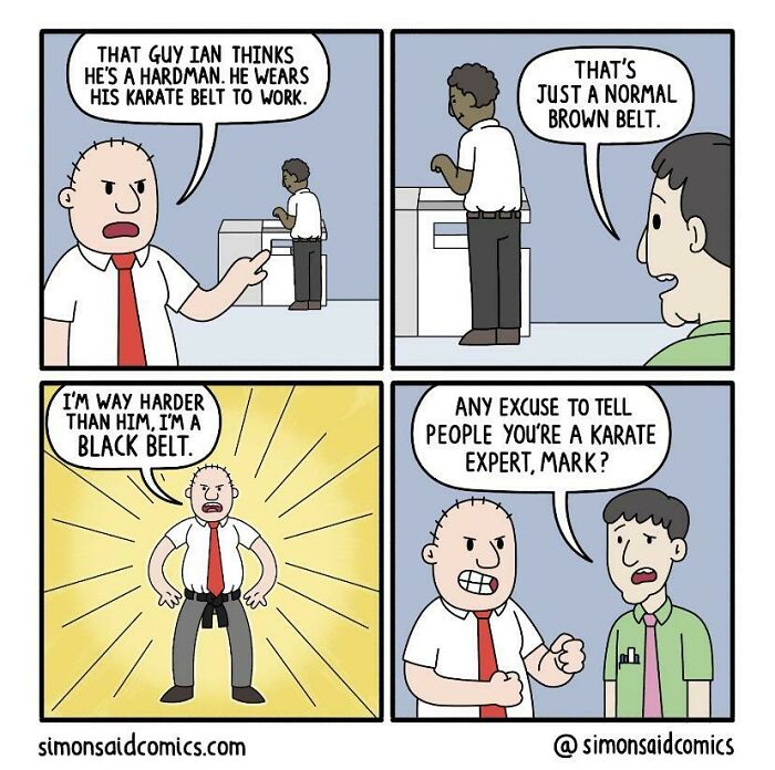 Four-panel funny comic showing a man bragging about his karate black belt while at work, highlighting dark humor.