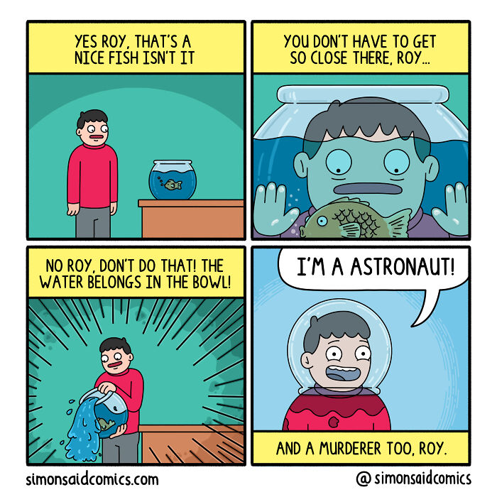 Comic strip showing a man interacting humorously with a fishbowl, illustrating funny and dark comics style.