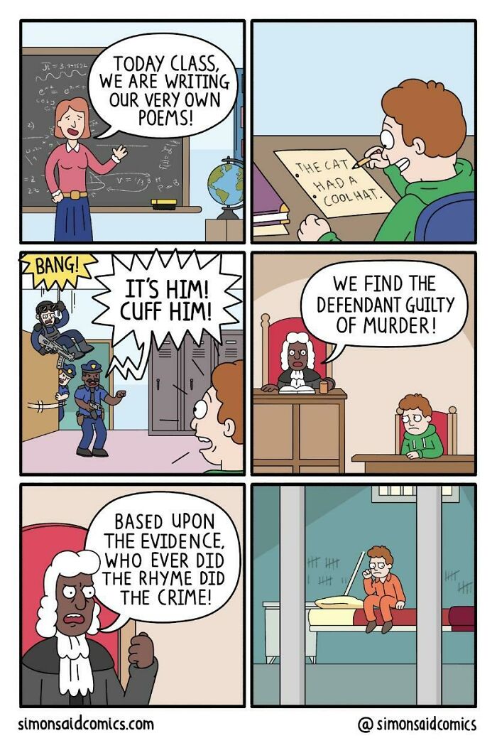 Funny and dark comic strip showing a poem leading to a courtroom verdict with a humorous crime twist.