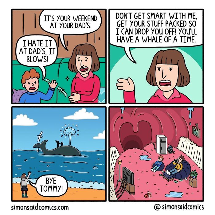 Funny and dark comic panels showing a child upset about weekend plans and a whale-themed imaginative scene.