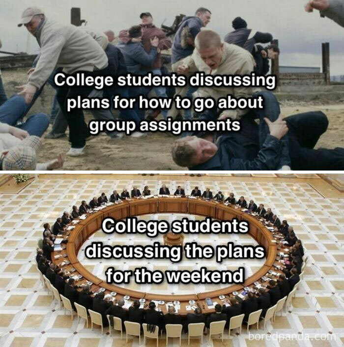 College students debating group assignments versus weekend plans at Humor State University.