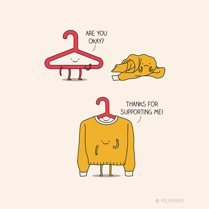 Wholesome illustration of a smiling hanger and sweater showing gentle reminders to appreciate small things in life.