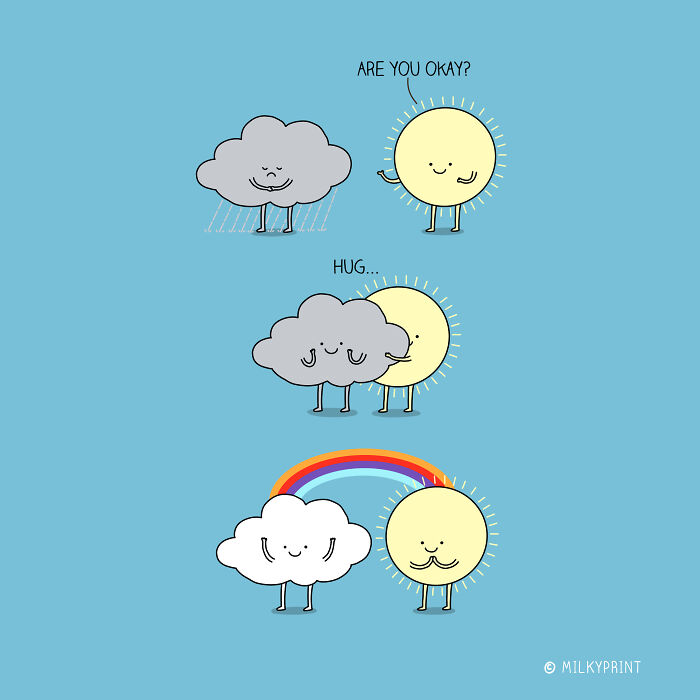 Wholesome illustration of a sun comforting a sad rain cloud with a hug, symbolizing gratitude for small things in life.